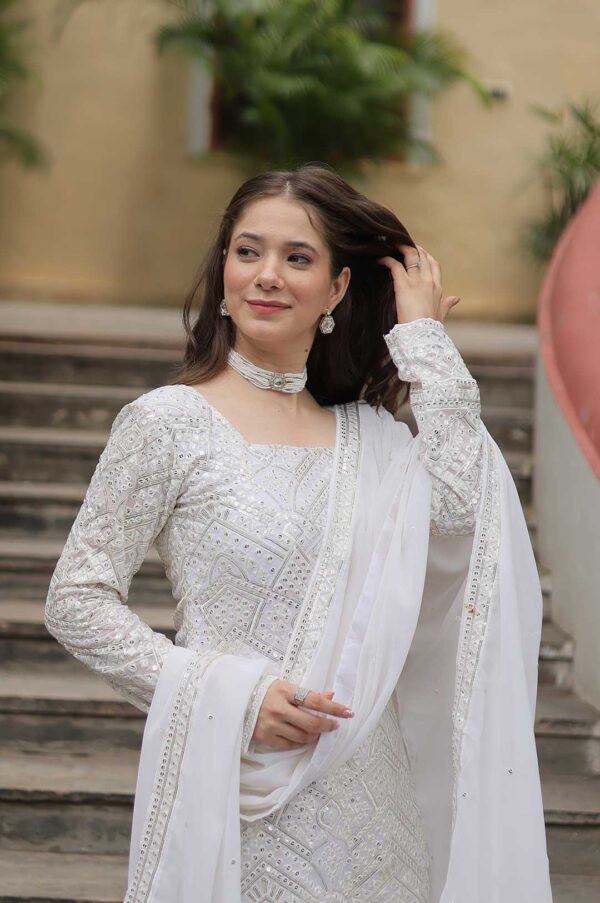 White Georgette Sharara Suit with Heavy Chikankari Style Embroidery & Dupatta