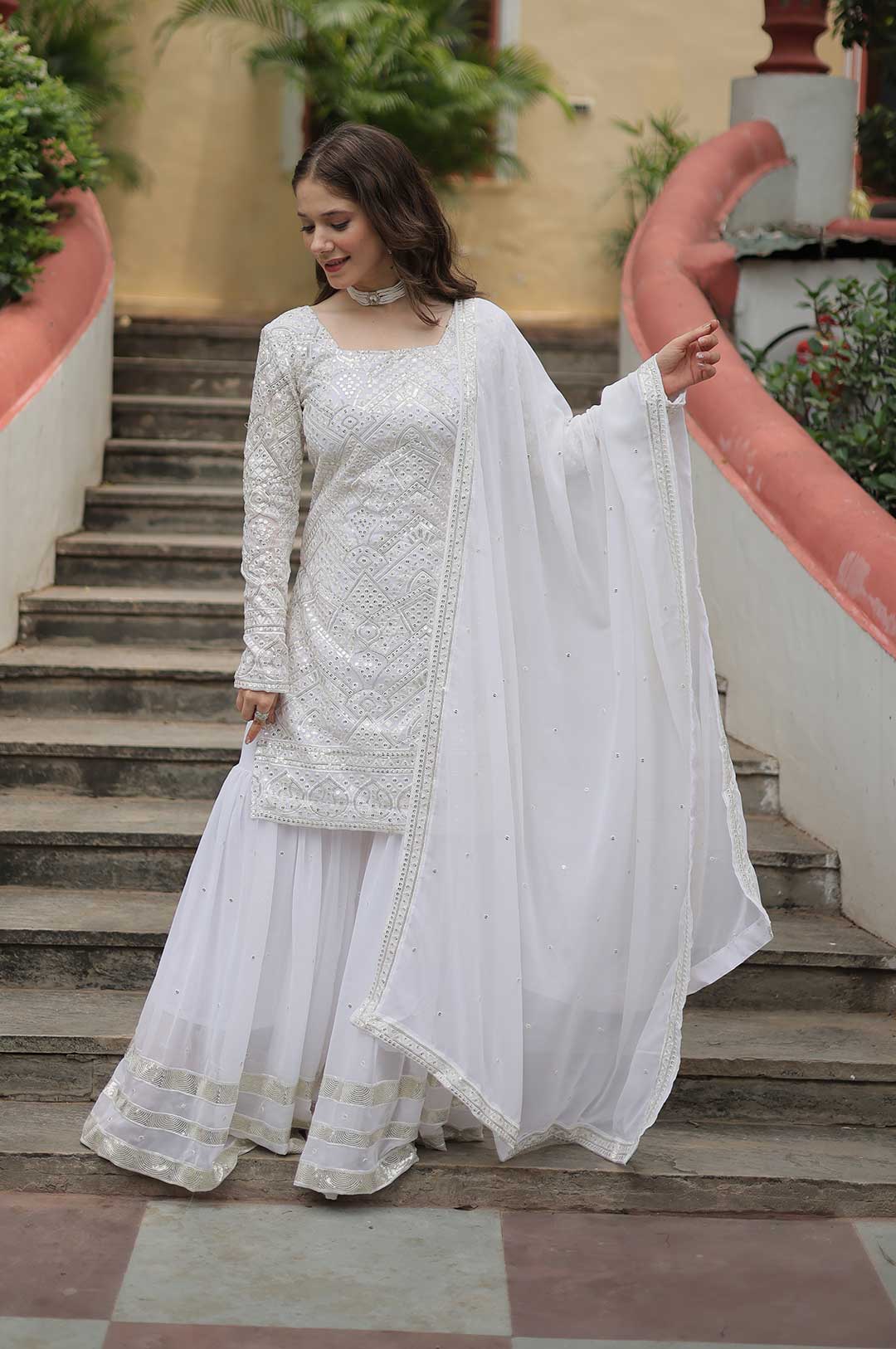 White Georgette Sharara Suit with Heavy Chikankari Style Embroidery & Dupatta