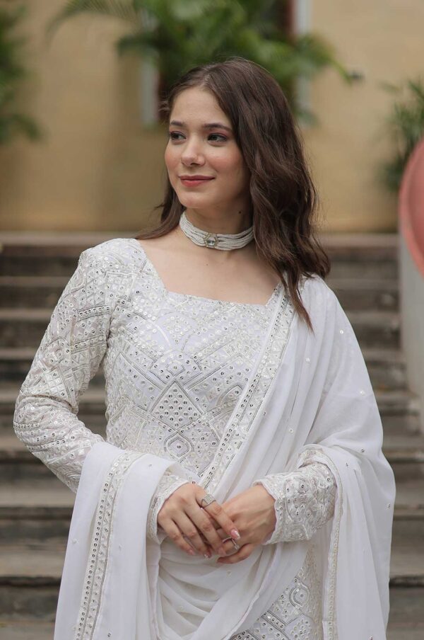 White Georgette Sharara Suit with Heavy Chikankari Style Embroidery & Dupatta