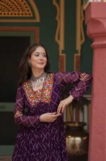 Wine-Bandhani-Print-Georgette-Gown-with-Embellished-Yoke