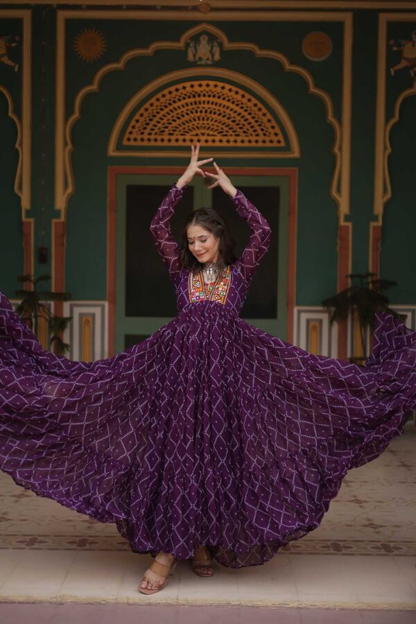 Wine Bandhani Print Georgette Gown with Embellished Yoke