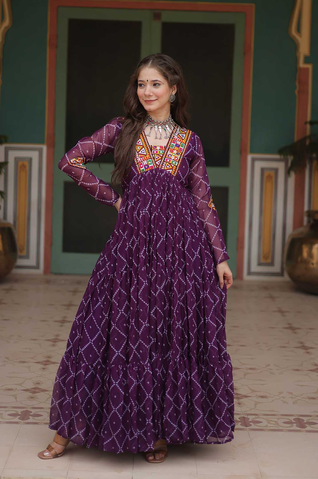 Wine Bandhani Print Georgette Gown with Embellished Yoke
