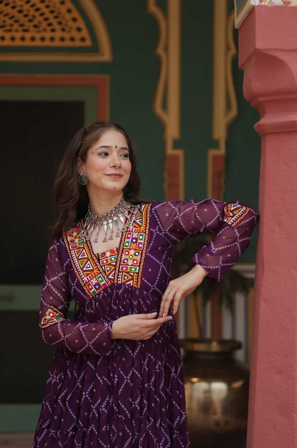 Wine Bandhani Print Georgette Gown with Embellished Yoke