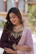 Wine-Embroidered-Kurti-Plazzo-Set-with-Pink-Cutwork-Dupatta