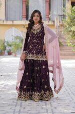 Wine-Embroidered-Kurti-Plazzo-Set-with-Pink-Cutwork-Dupatta-3