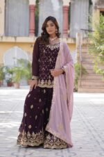 Wine-Embroidered-Kurti-Plazzo-Set-with-Pink-Cutwork-Dupatta-4