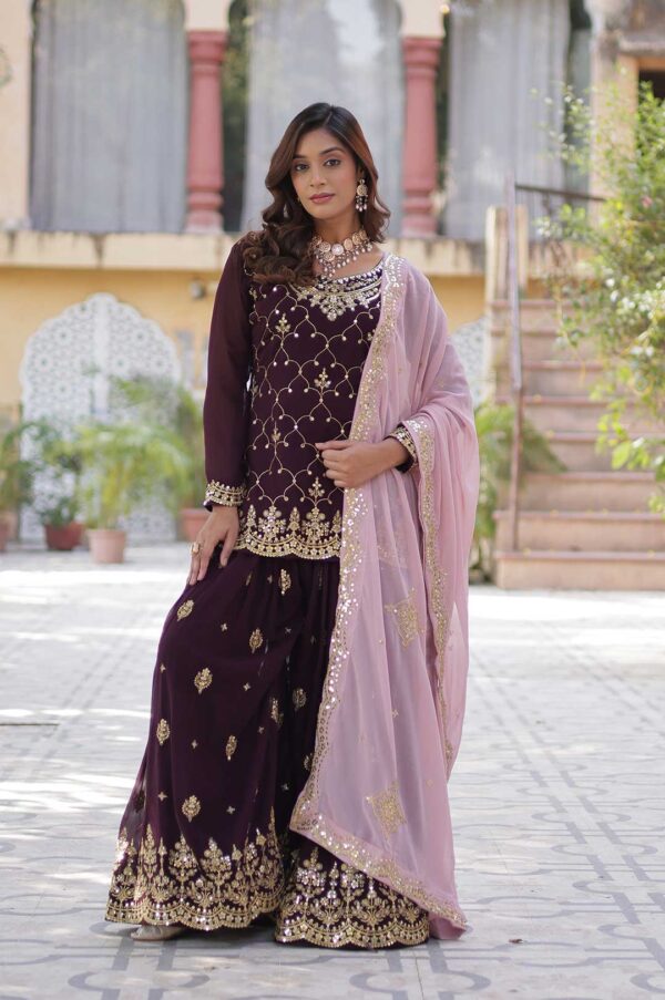 Wine Embroidered Kurti-Plazzo Set with Pink Cutwork Dupatta