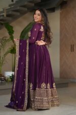 Wine-Faux-Blooming-Embroidered-Gown-with-Zari-&amp;-Sequin-Work-+-Dupatta
