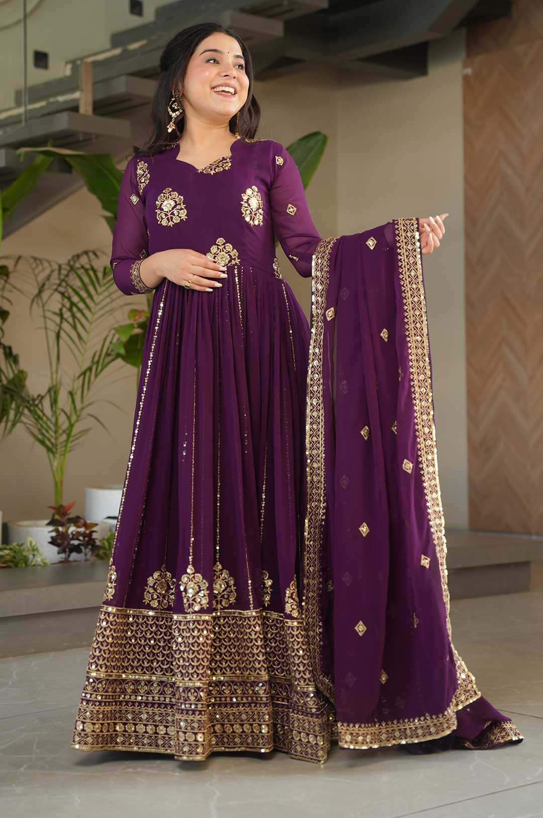 Wine Faux Blooming Embroidered Gown with Zari & Sequin Work + Dupatta