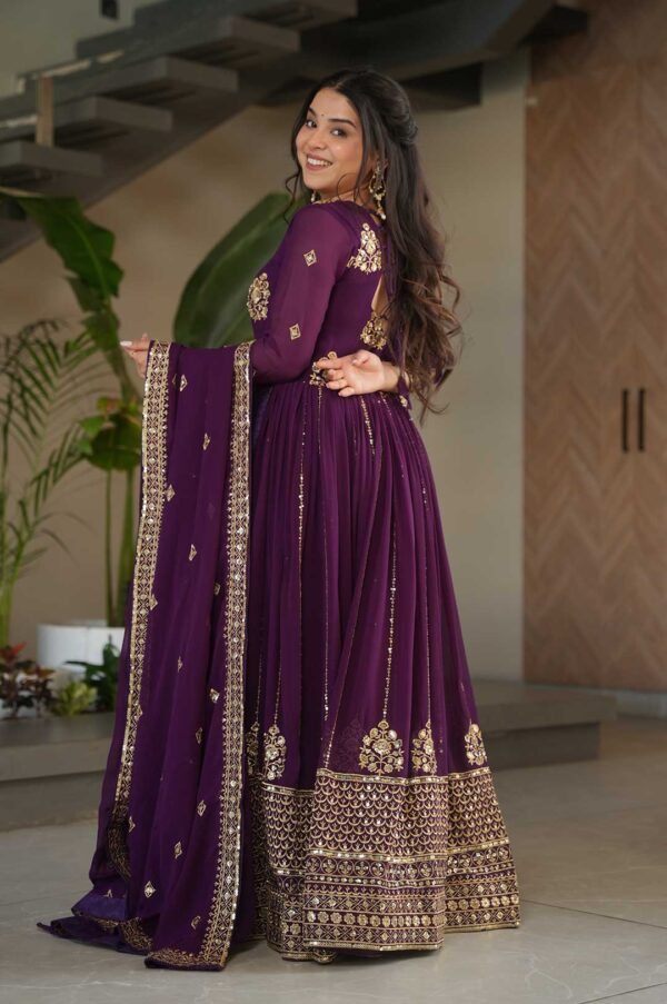 Wine Faux Blooming Embroidered Gown with Zari & Sequin Work + Dupatta