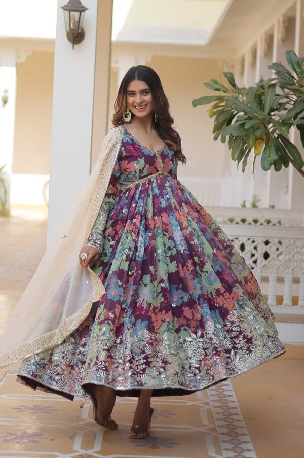 Wine Floral Print Gown with Embroidered Yoke and Dupatta
