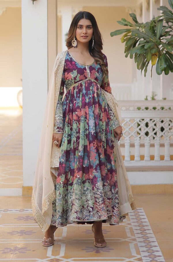 Wine Floral Print Gown with Embroidered Yoke and Dupatta
