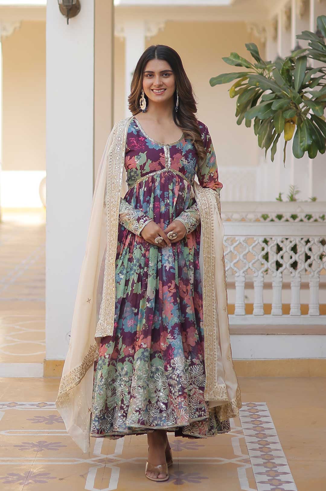 Wine Floral Print Gown with Embroidered Yoke and Dupatta