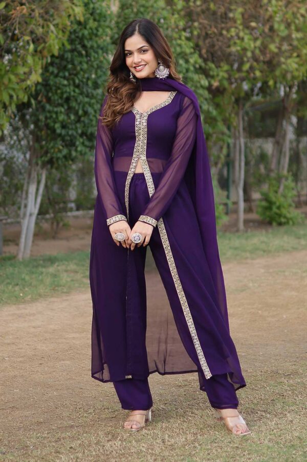 Wine Georgette Anarkali kurta Set with Embroidered and Dupatta