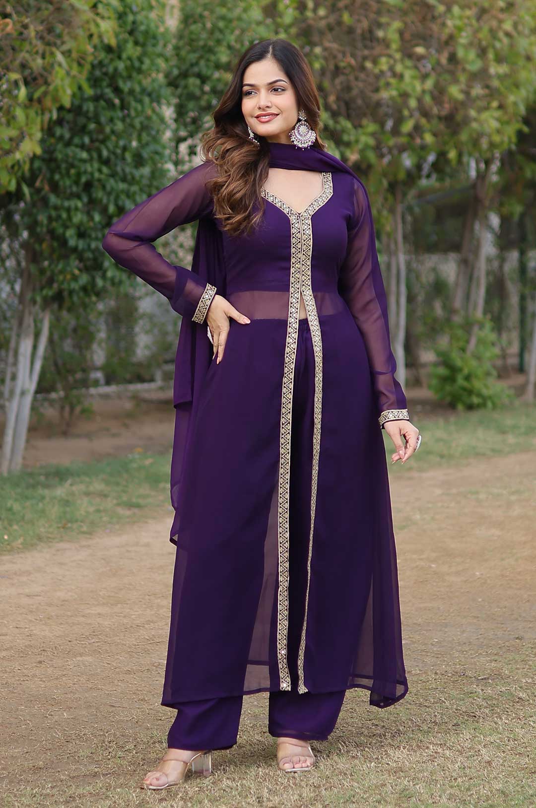 Wine Georgette Anarkali kurta Set with Embroidered and Dupatta