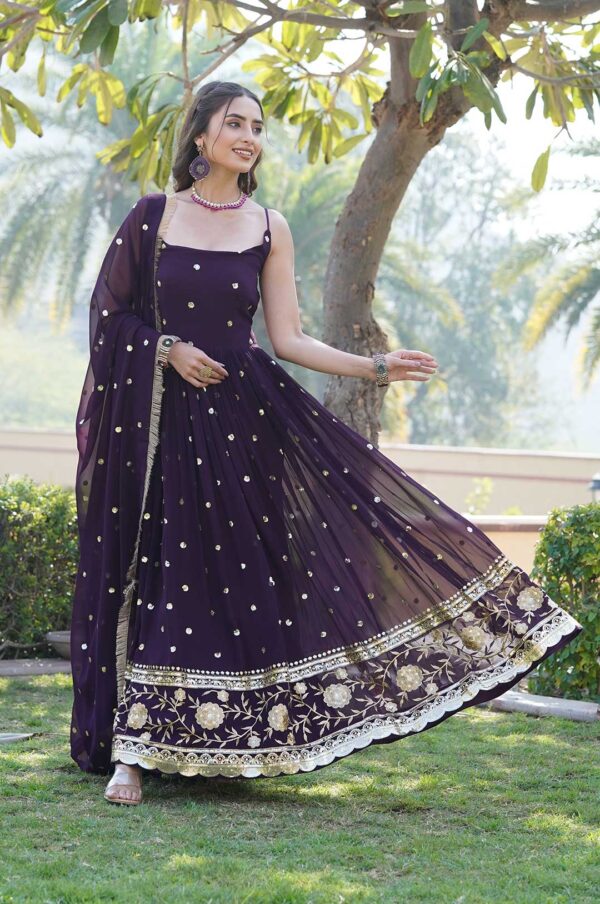 Wine Georgette Gown with Gold Motifs & Dupatta
