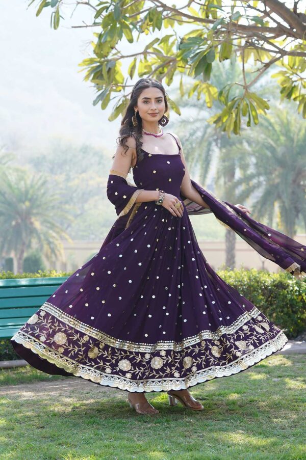 Wine Georgette Gown with Gold Motifs & Dupatta