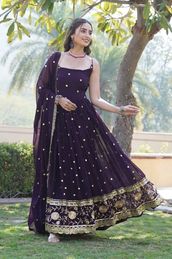 Wine Georgette Gown with Gold Motifs & Dupatta