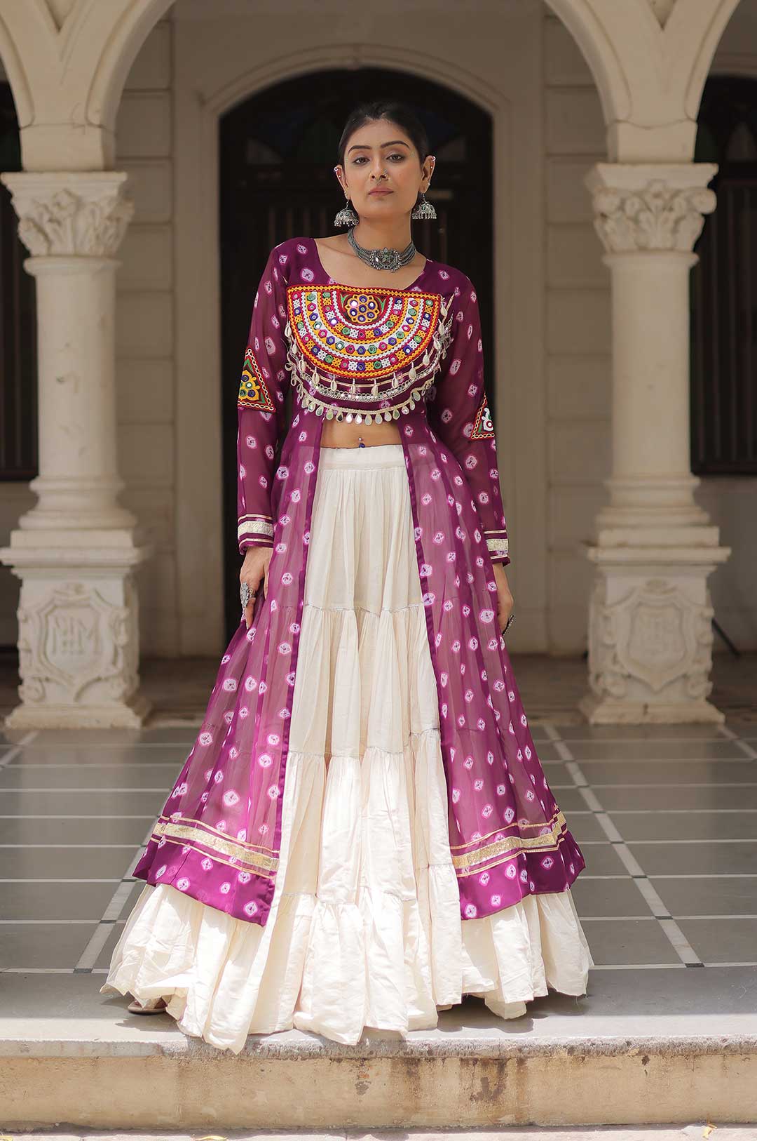Wine Kora Cotton Lehenga with Bandhani Kutchi Work Kurti Set