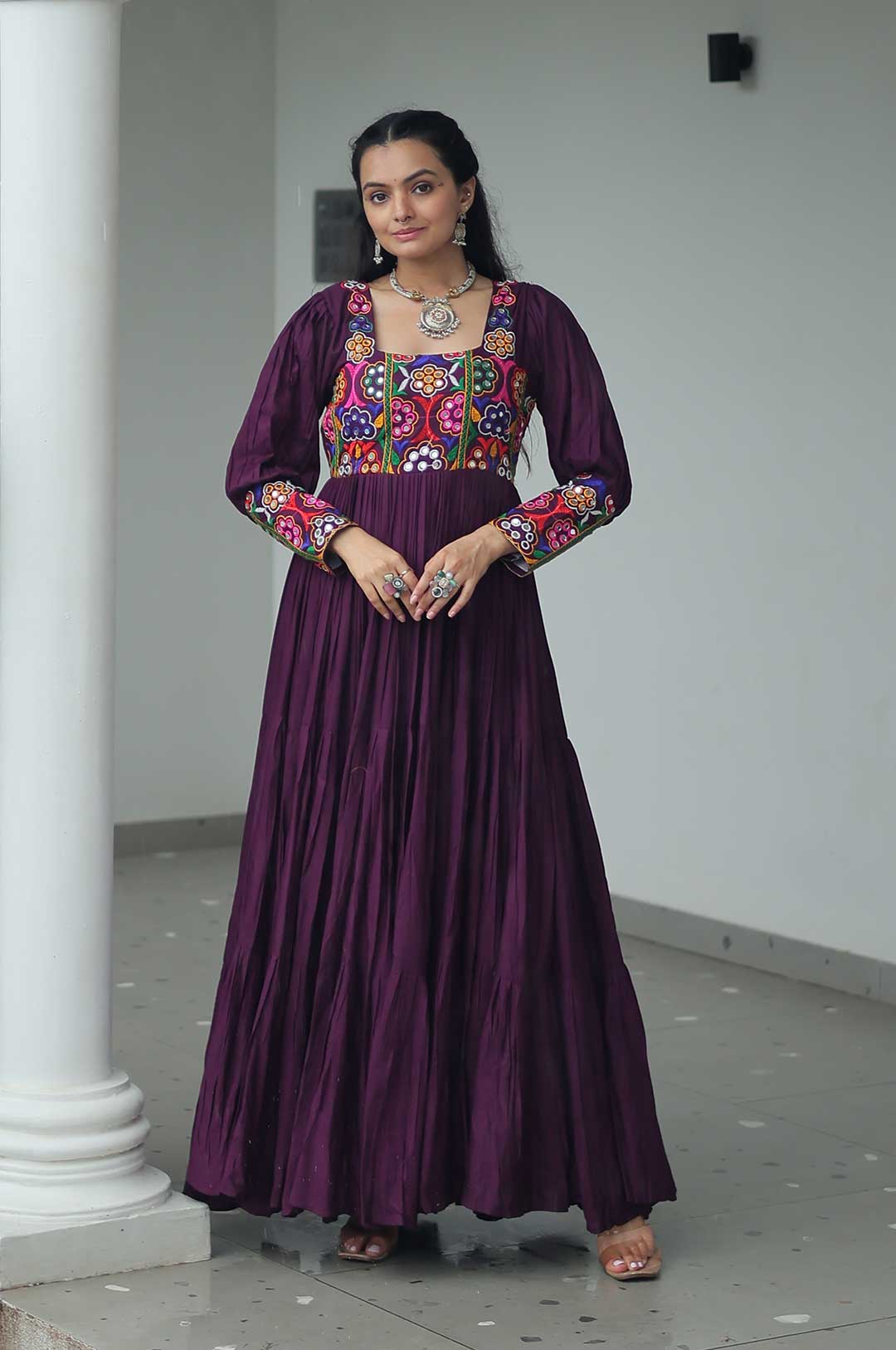 Wine Kutchi Gamthi Embroidered Perot Green Gown
