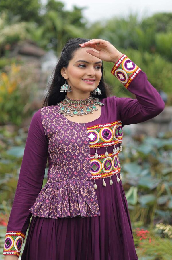 Wine Kutchi Gamthi Embroidered Reyon Gown