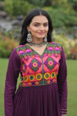 Wine-Kutchi-Gamthi-Embroidered-Reyon-Gown-with-Mirror-Work-&amp;-Gota-Patti-Lace