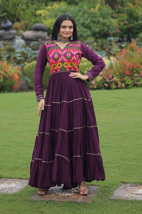 Wine Kutchi Gamthi Embroidered Reyon Gown with Mirror Work & Gota Patti Lace