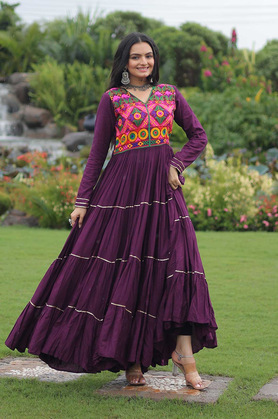 Wine Kutchi Gamthi Embroidered Reyon Gown with Mirror Work & Gota Patti Lace