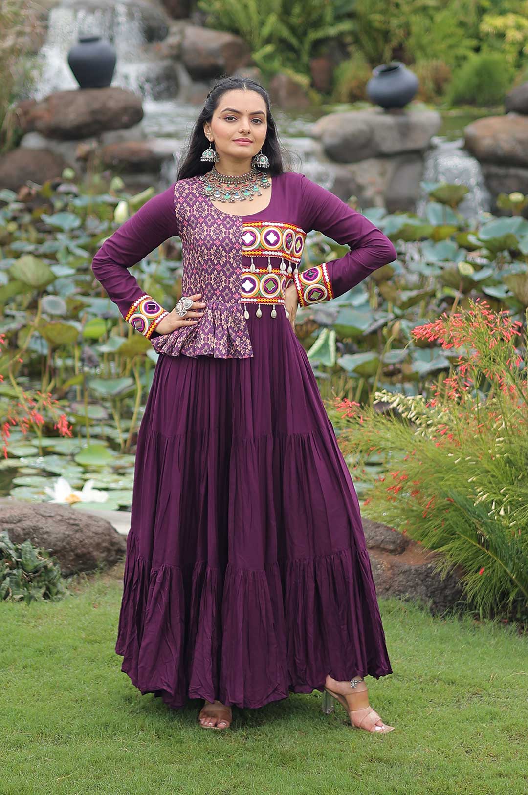 Wine Kutchi Gamthi Embroidered Reyon Gown