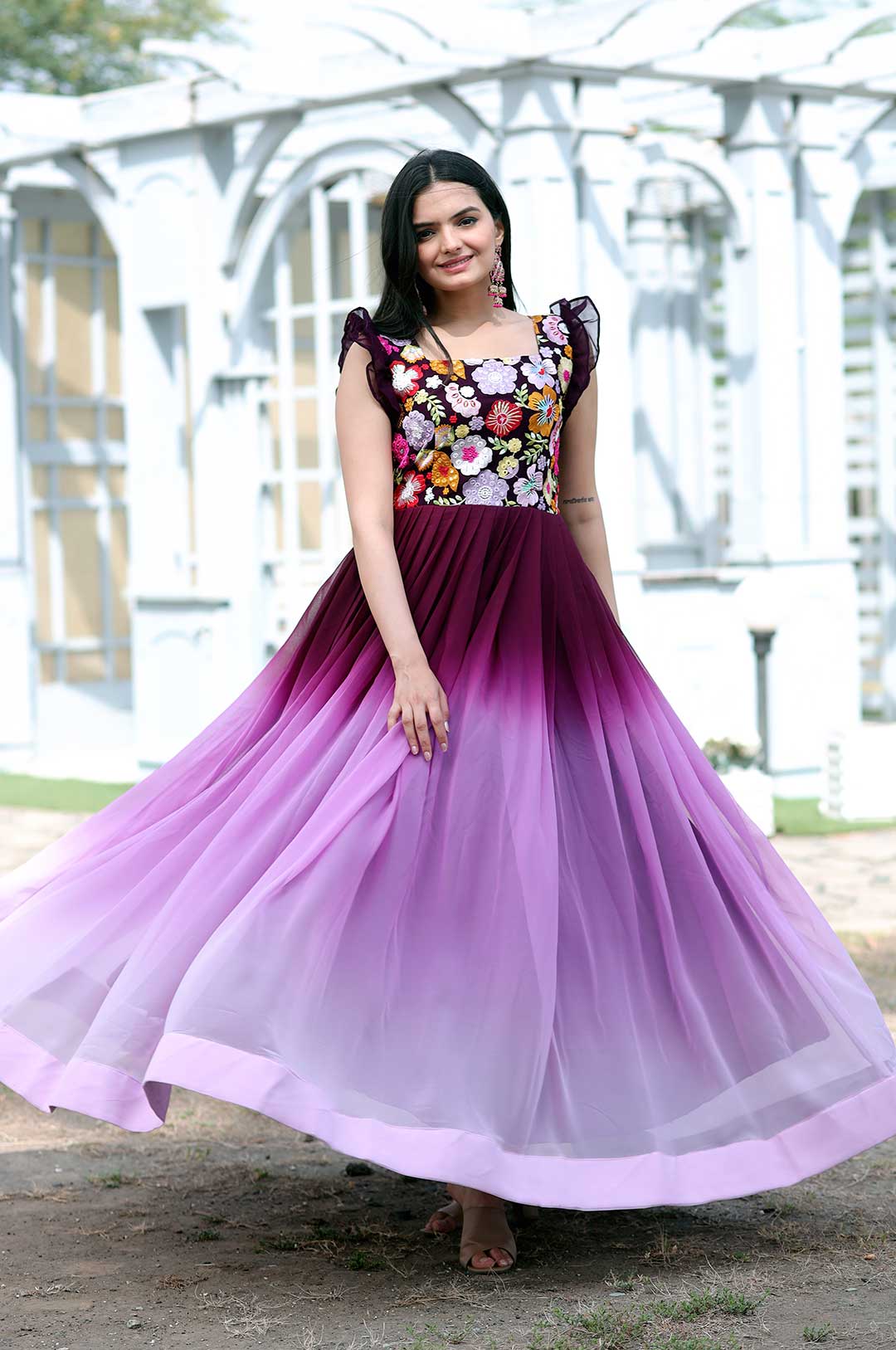 Wine Ombre Georgette Gown with Floral Embroidered Bodice