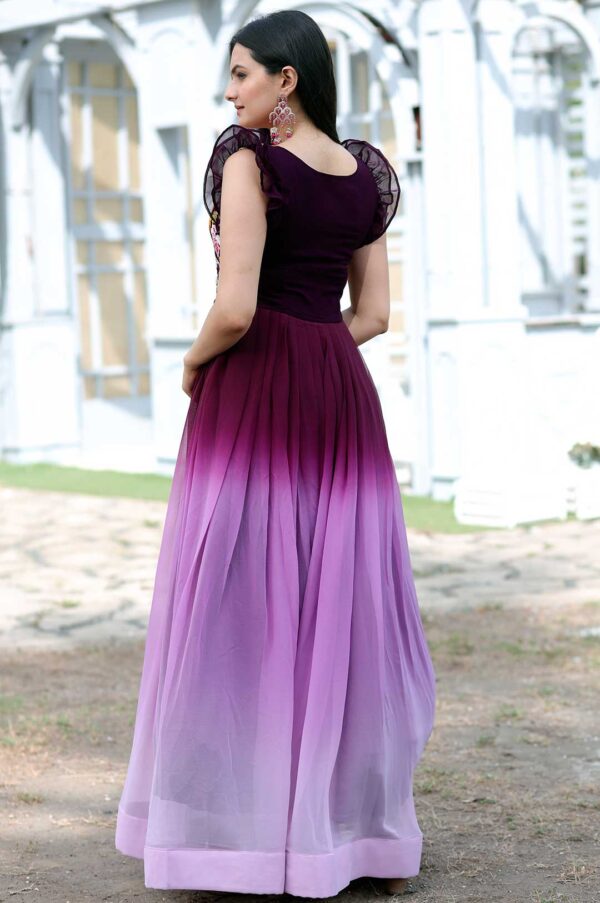 Wine Ombre Georgette Gown with Floral Embroidered Bodice