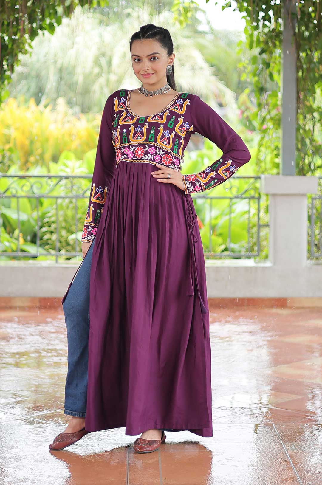 Wine 14 Kg Reyon Kurti with Kutchi Gamthi Embroidery – Ethnic Royal Charm