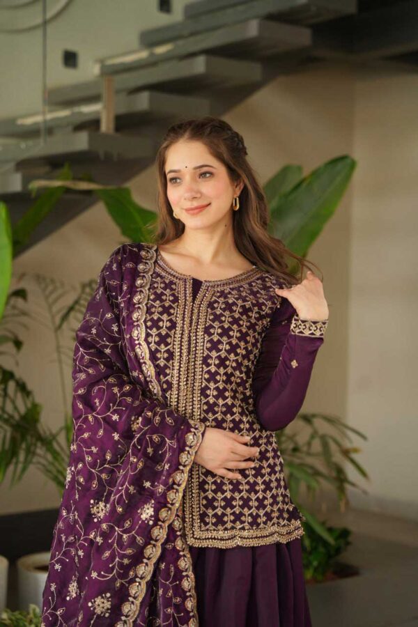 Wine Sharara Suit Set – Beads & Zari Embroidery | Fendy Fabric
