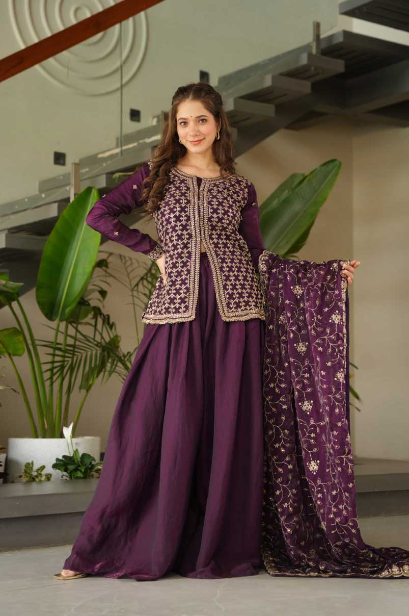 Wine Sharara Suit Set – Beads & Zari Embroidery | Fendy Fabric