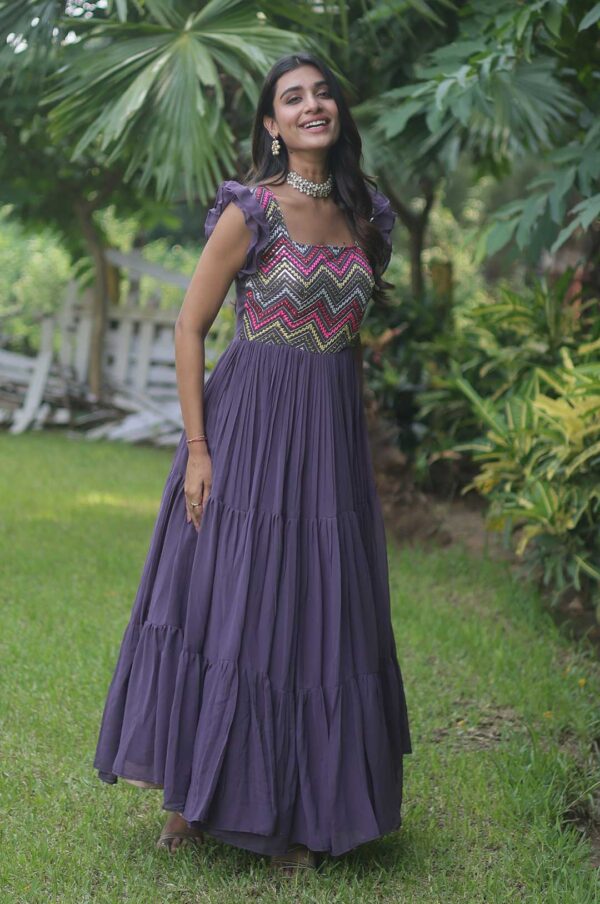 Wine Star Georgette Gown with Heavy Beaded & Sequin Work and Ruffled Hem
