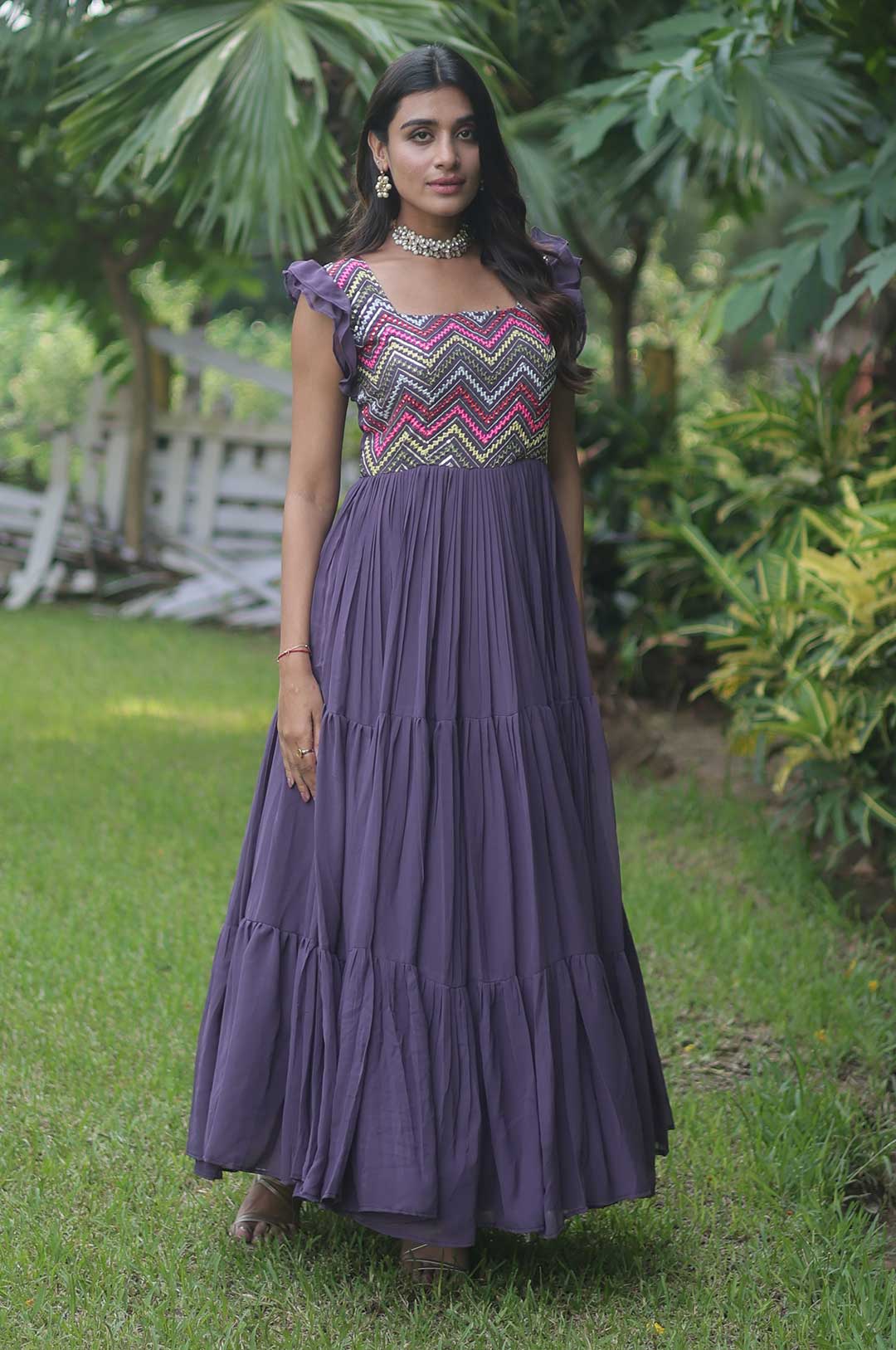 Wine Star Georgette Gown with Heavy Beaded & Sequin Work and Ruffled Hem