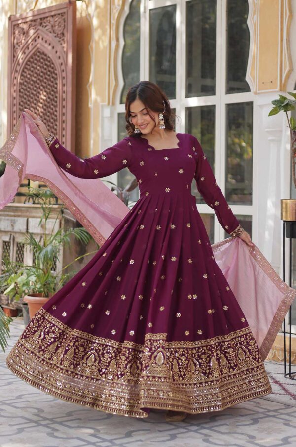 Wine Viscose Georgette Anarkali Gown with Embroidered Border & Dupatta