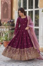Wine-Viscose-Georgette-Anarkali-Gown-with-Embroidered-Border-&amp;-Dupatta-3