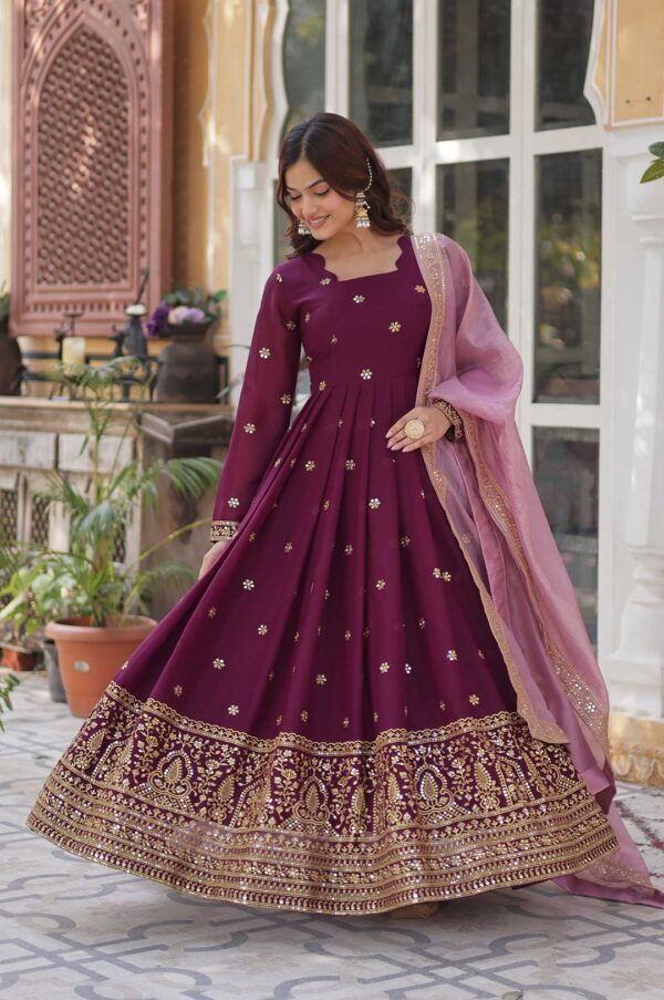 Wine Viscose Georgette Anarkali Gown with Embroidered Border & Dupatta