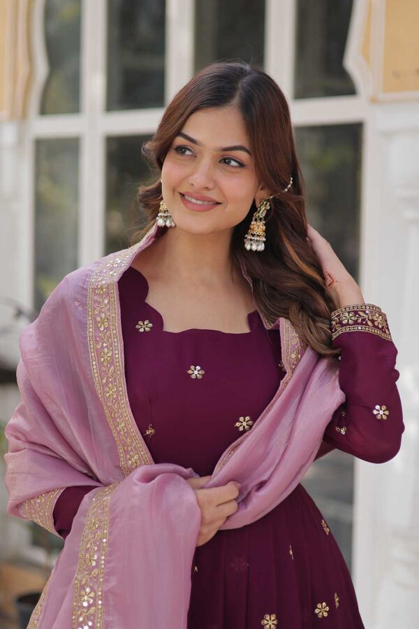 Wine Viscose Georgette Anarkali Gown with Embroidered Border & Dupatta