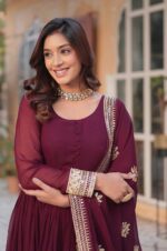 Wine-Viscose-Georgette-Gown-with-Foil-Mirror-Work,-Zari-&amp;-Sequins-and-Dupatta