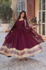 Wine-Viscose-Georgette-Gown-with-Foil-Mirror-Work,-Zari-&amp;-Sequins-and-Dupatta-2