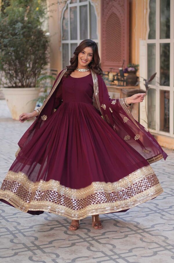 Wine Viscose Georgette Gown with Foil Mirror Work, Zari & Sequins and Dupatta