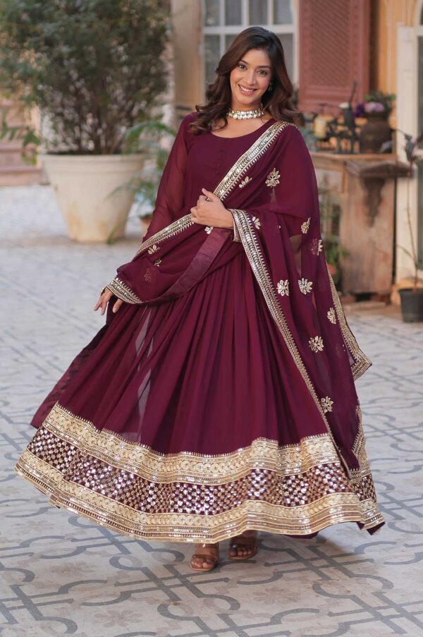 Wine Viscose Georgette Gown with Foil Mirror Work, Zari & Sequins and Dupatta