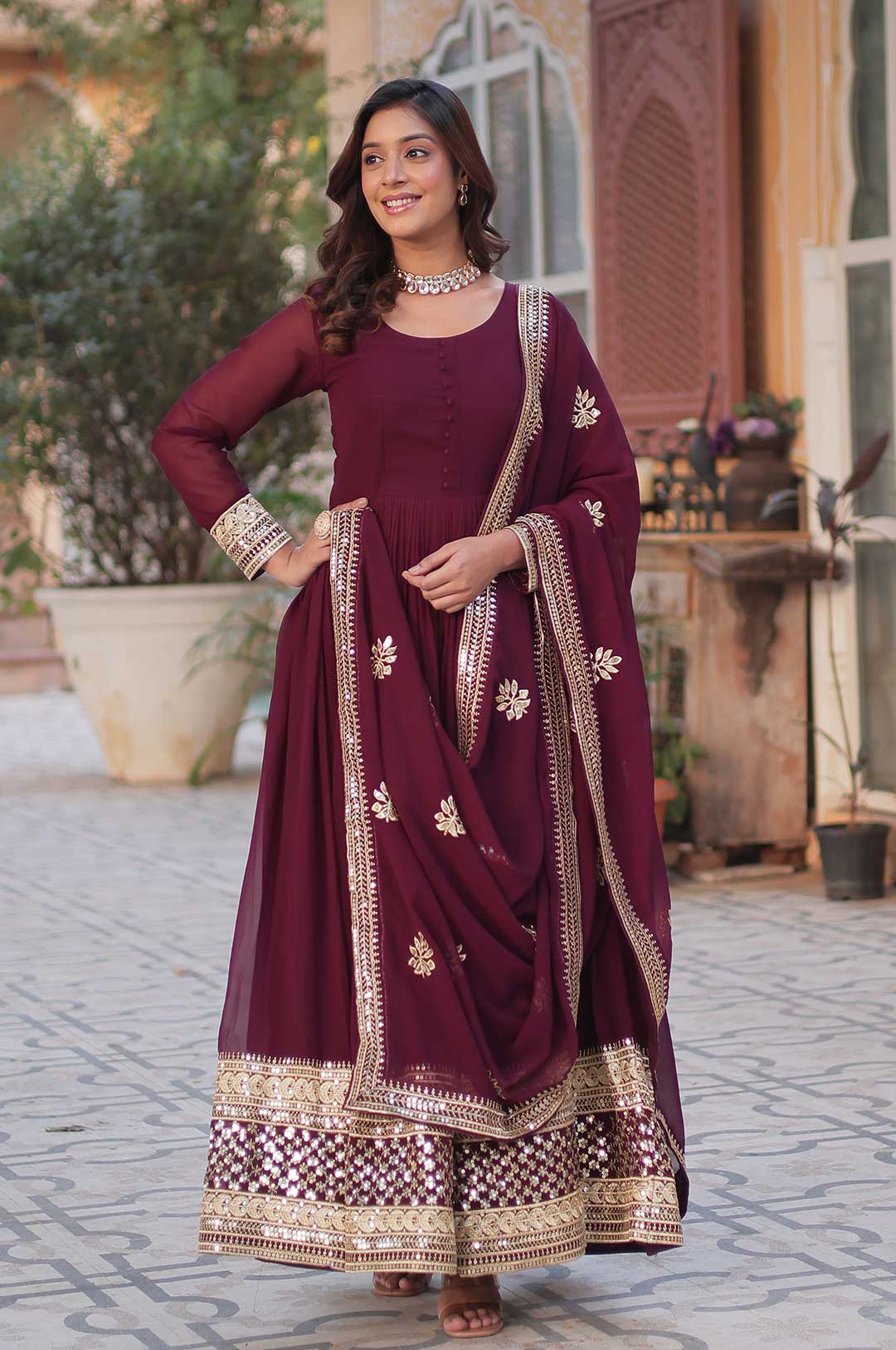 Wine Viscose Georgette Gown with Foil Mirror Work, Zari & Sequins and Dupatta