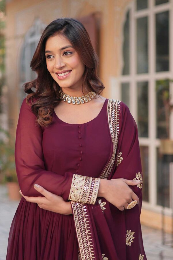 Wine Viscose Georgette Gown with Foil Mirror Work, Zari & Sequins and Dupatta