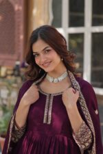 Wine-Viscose-Georgette-Gown-with-Zari-and-Sequence-Embroidery-&amp;-Dupatta-Set