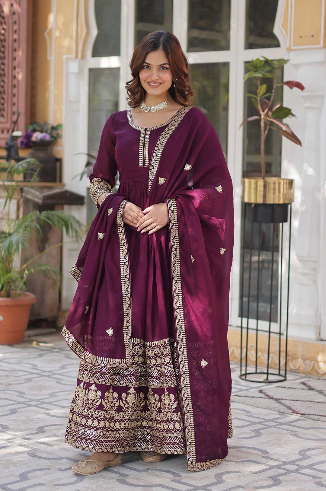 Wine Viscose Georgette Gown with Zari and Sequence Embroidery & Dupatta Set