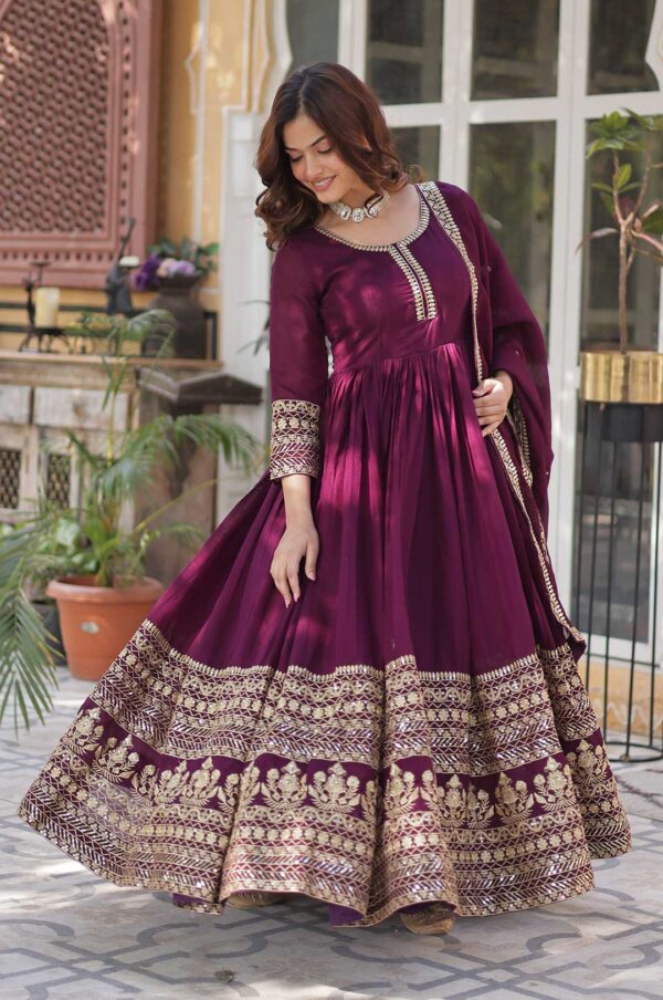 Wine Viscose Georgette Gown with Zari and Sequence Embroidery & Dupatta Set