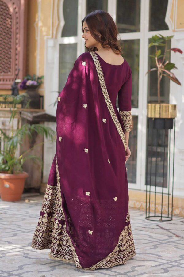 Wine Viscose Georgette Gown with Zari and Sequence Embroidery & Dupatta Set